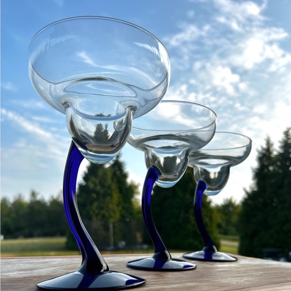 Vintage COBALT BLUE LIBBY BRAVURA MARGARITA GLASSES CURVED STEM set of 3 - Picture 7 of 7